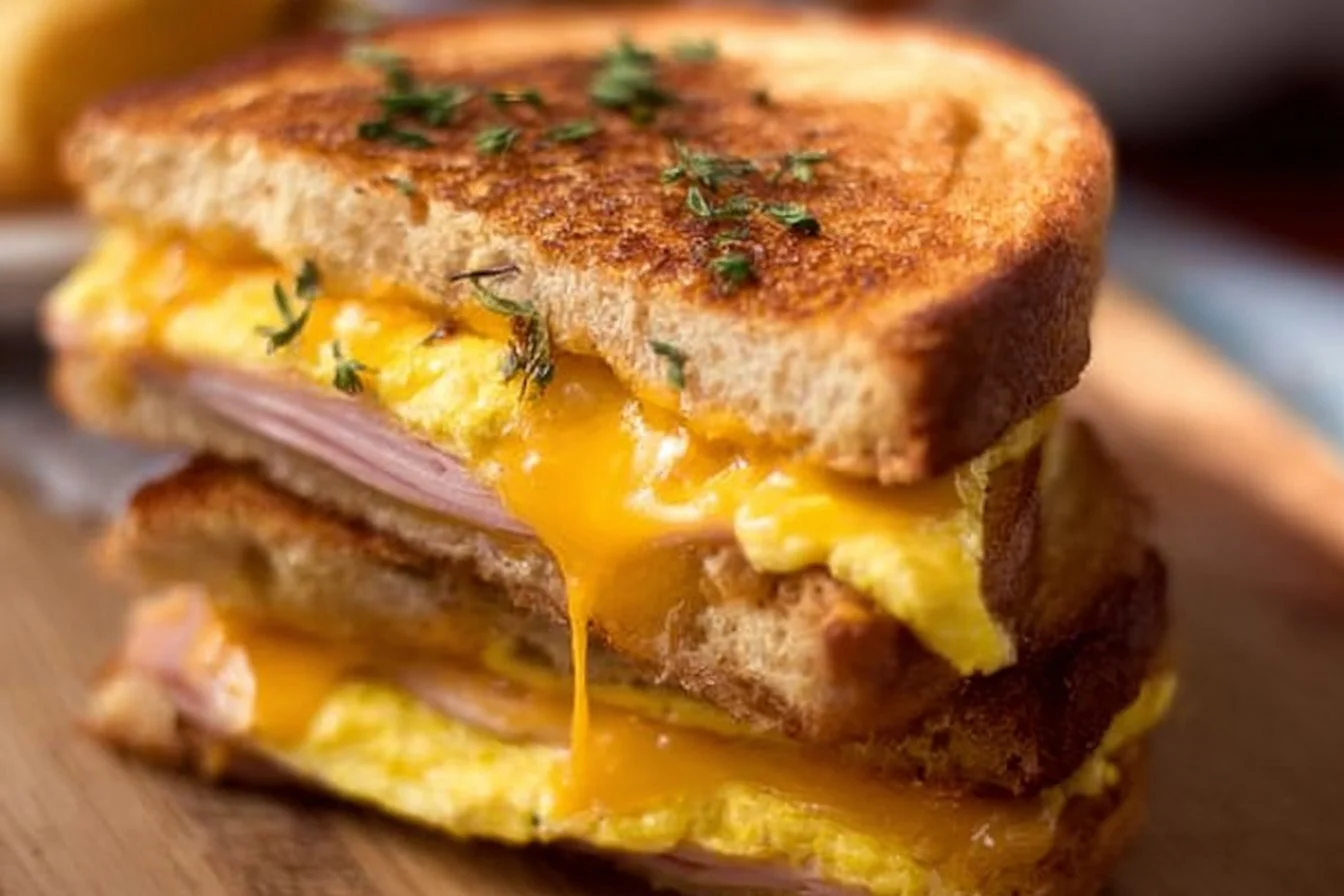 Egg and ham breakfast sandwich served on a toasted bun with cheese