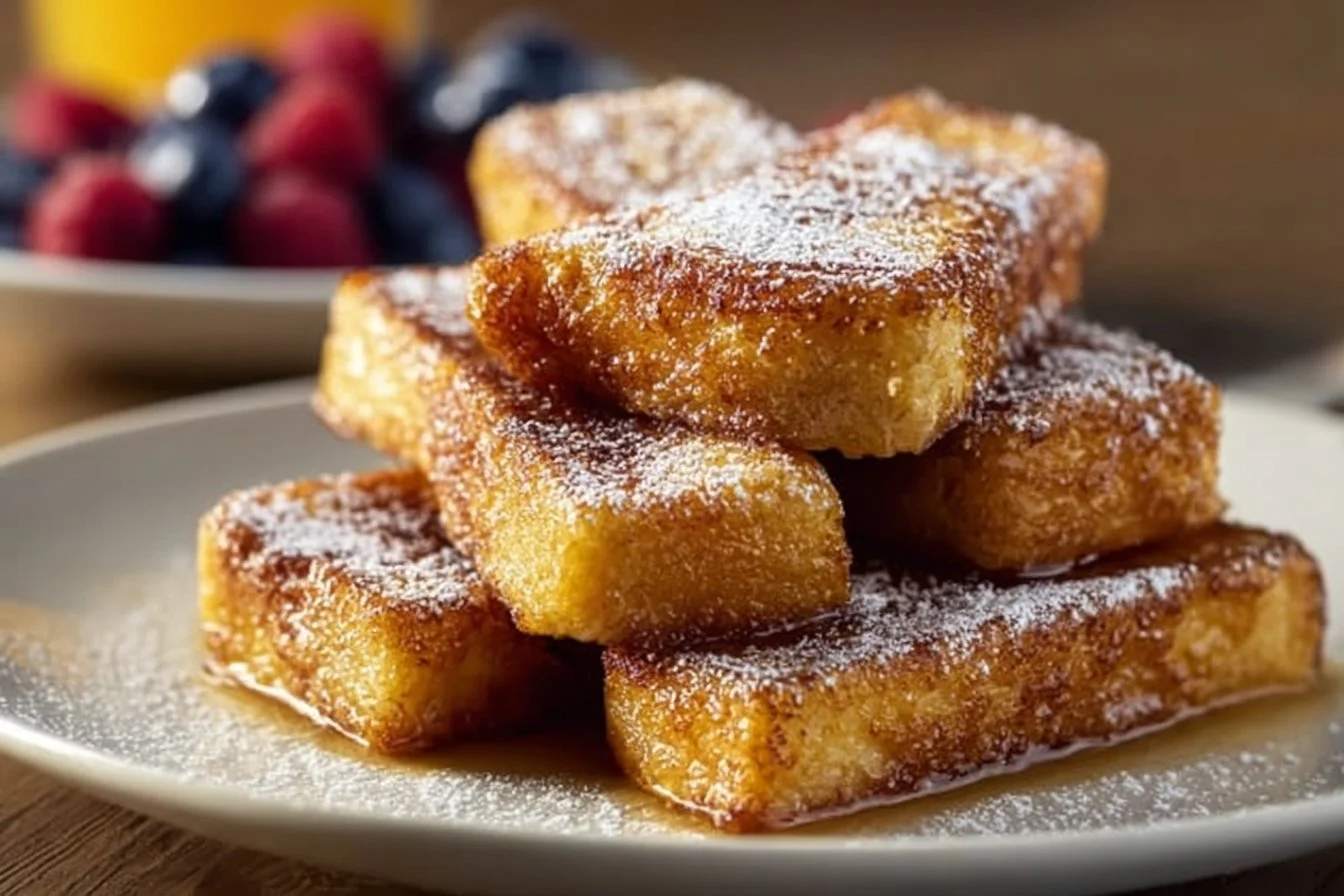 Fluffy French toast sticks served with syrup and fruit