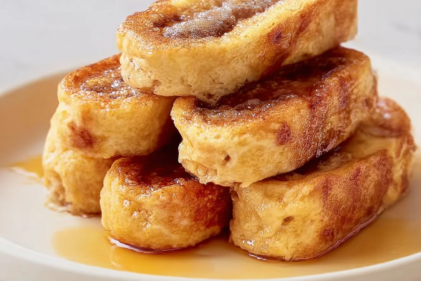 Delicious French Toast Roll-Ups filled with sweet cream and topped with syrup
