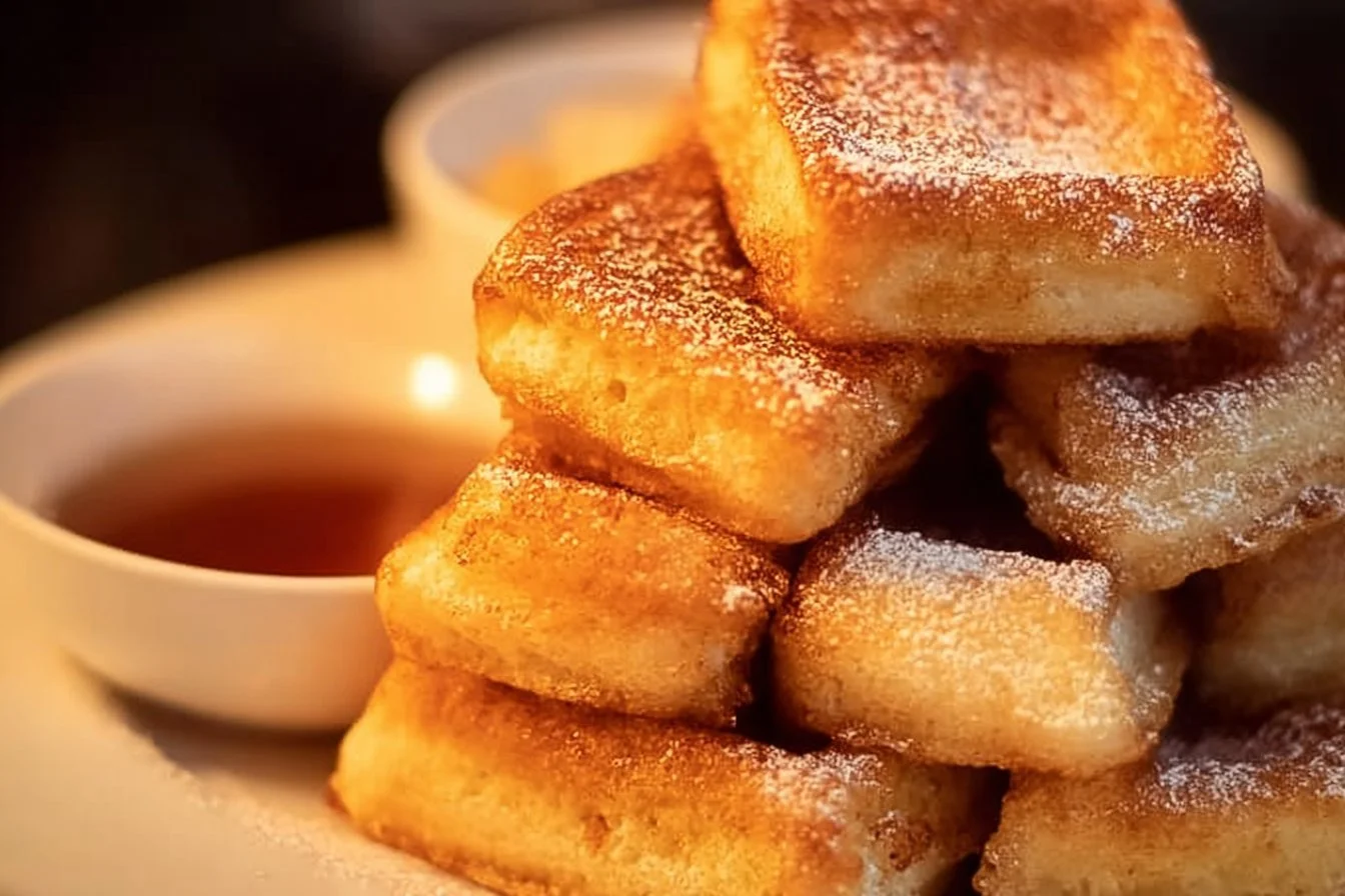 French Toast Sticks 4 Delicious French Toast Sticks served with syrup on a wooden platter.