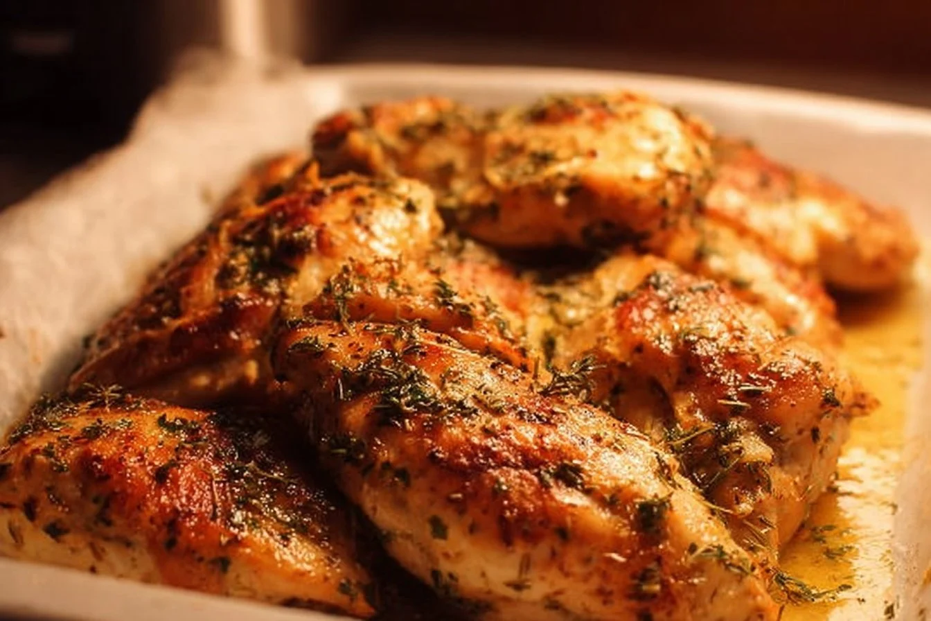 Garlic Butter Baked Chicken Breast served on a plate with herbs and vegetables