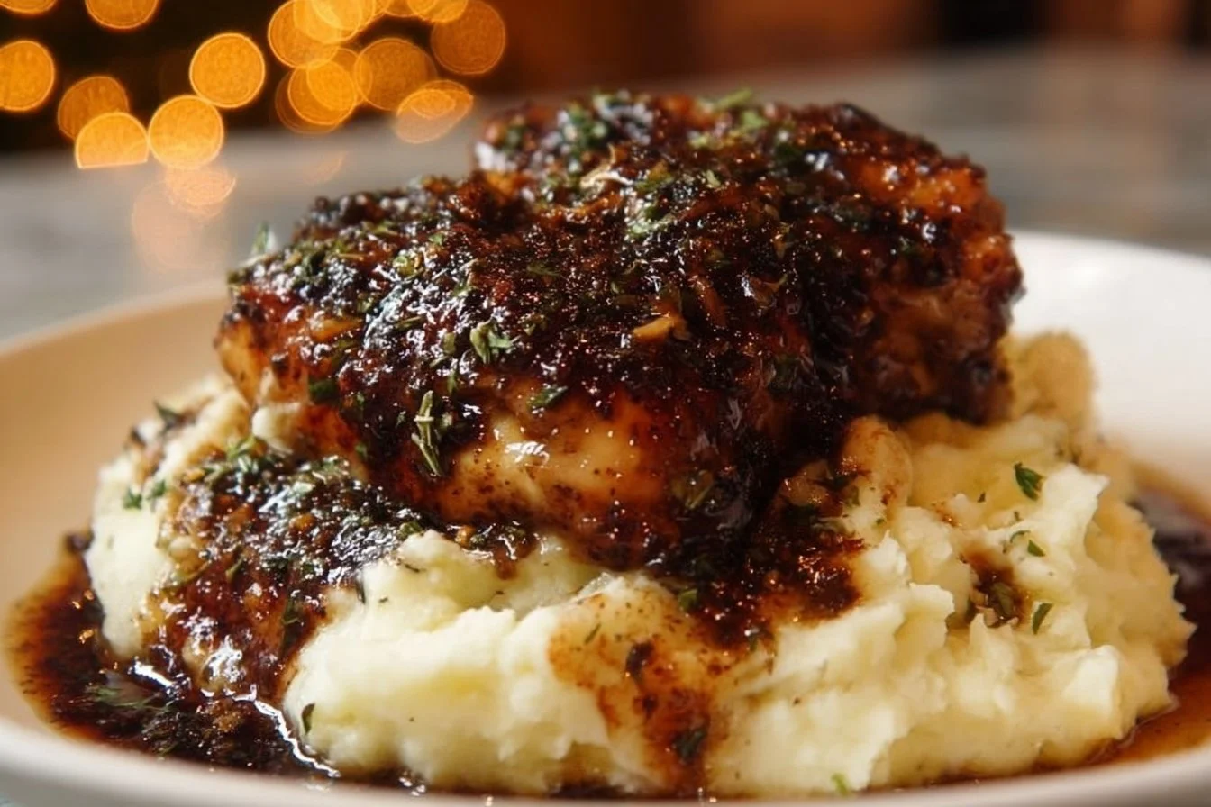 Delicious Garlic Herb Chicken garnished with fresh herbs and spices.