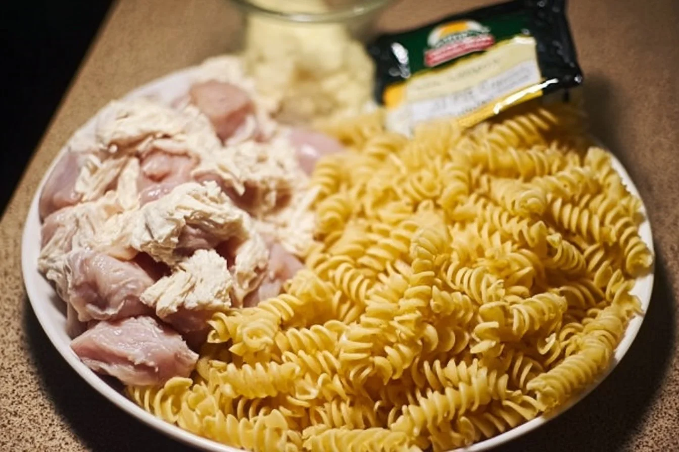 Plate of Garlic Parmesan Chicken Pasta garnished with parsley