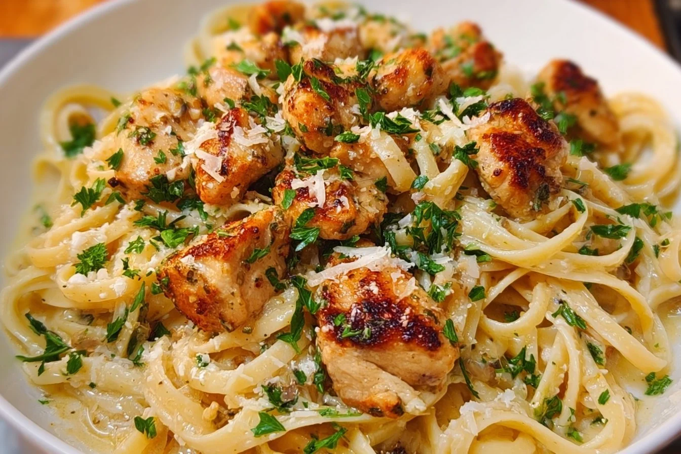 Garlic Parmesan Chicken Pasta 4 Garlic Parmesan Chicken Pasta served with herbs and grated cheese.