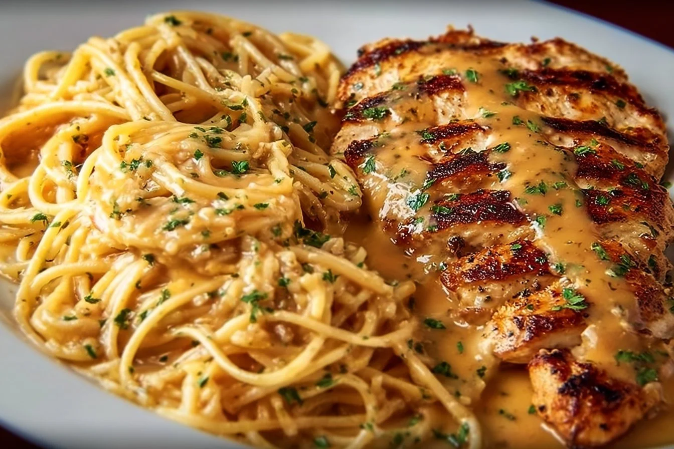 Plate of Garlic Parmesan Chicken Spaghetti with Spicy Cajun Cream Sauce