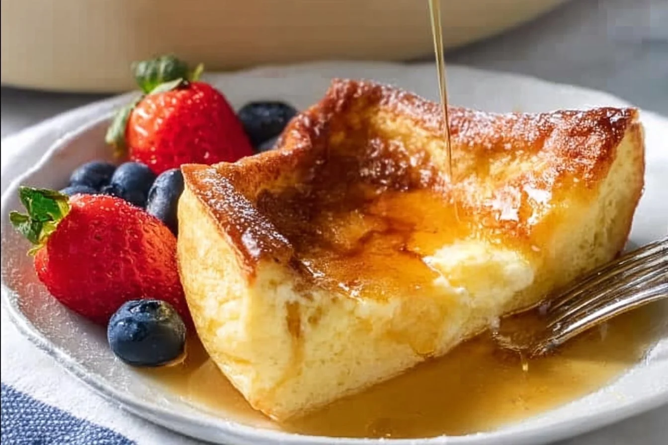 Fluffy German Pancakes served with syrup and fruit on a plate.
