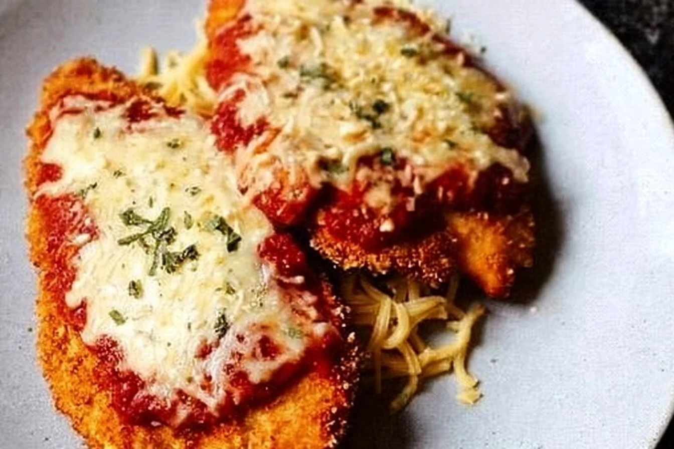 Gluten-Free Chicken Parmesan served on a plate with herb garnish.