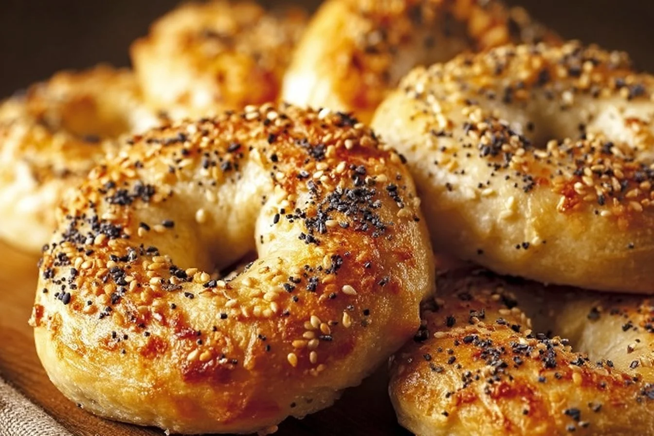 Freshly baked Greek Yogurt Bagels on a wooden table