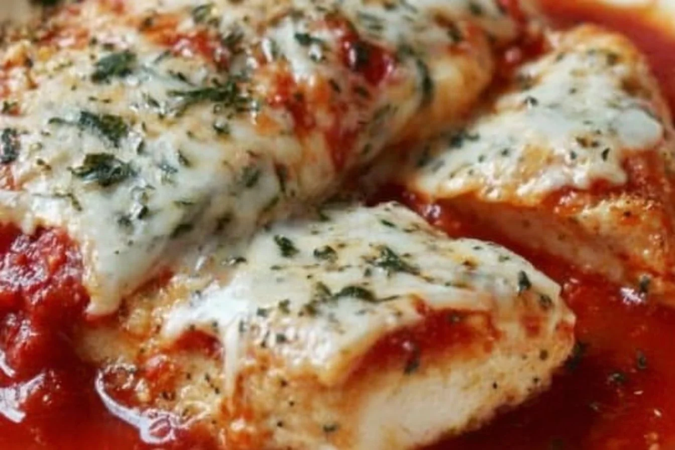 Healthier Chicken Parmesan 4 Healthy Chicken Parmesan with marinara sauce and cheese on a plate