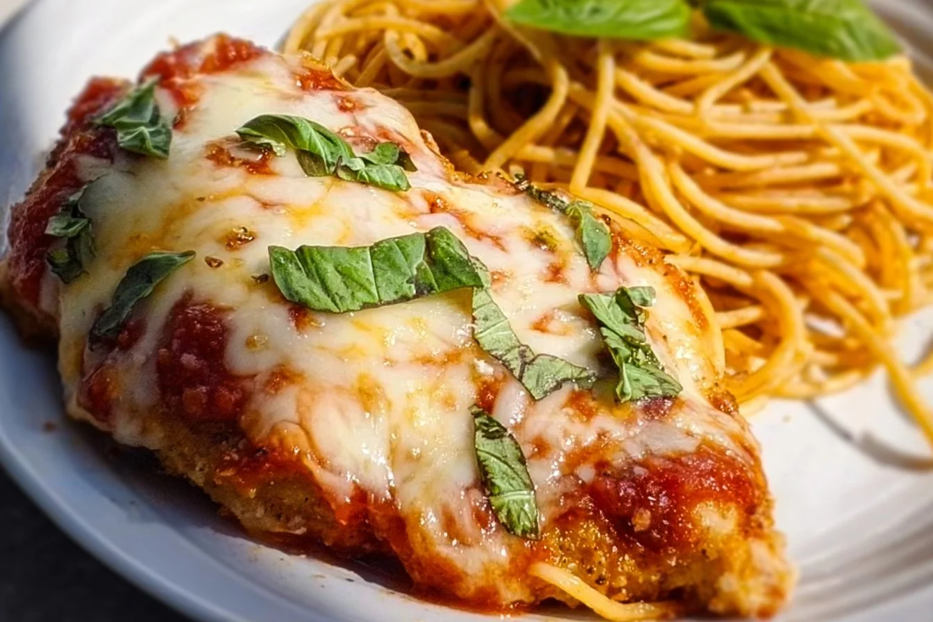 Healthy Baked Chicken Parmesan 5 Healthy baked chicken parmesan served with a side of fresh vegetables