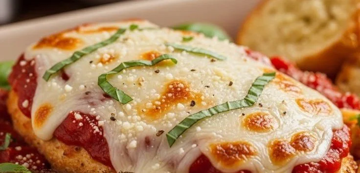 Healthy baked chicken parmesan topped with fresh herbs and cheese