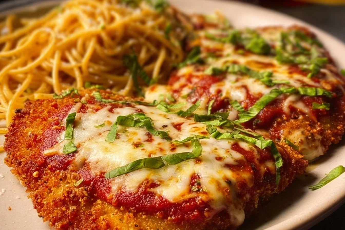 Healthy Chicken Parmesan 4 Healthy Chicken Parmesan served on a plate with fresh herbs and tomato sauce