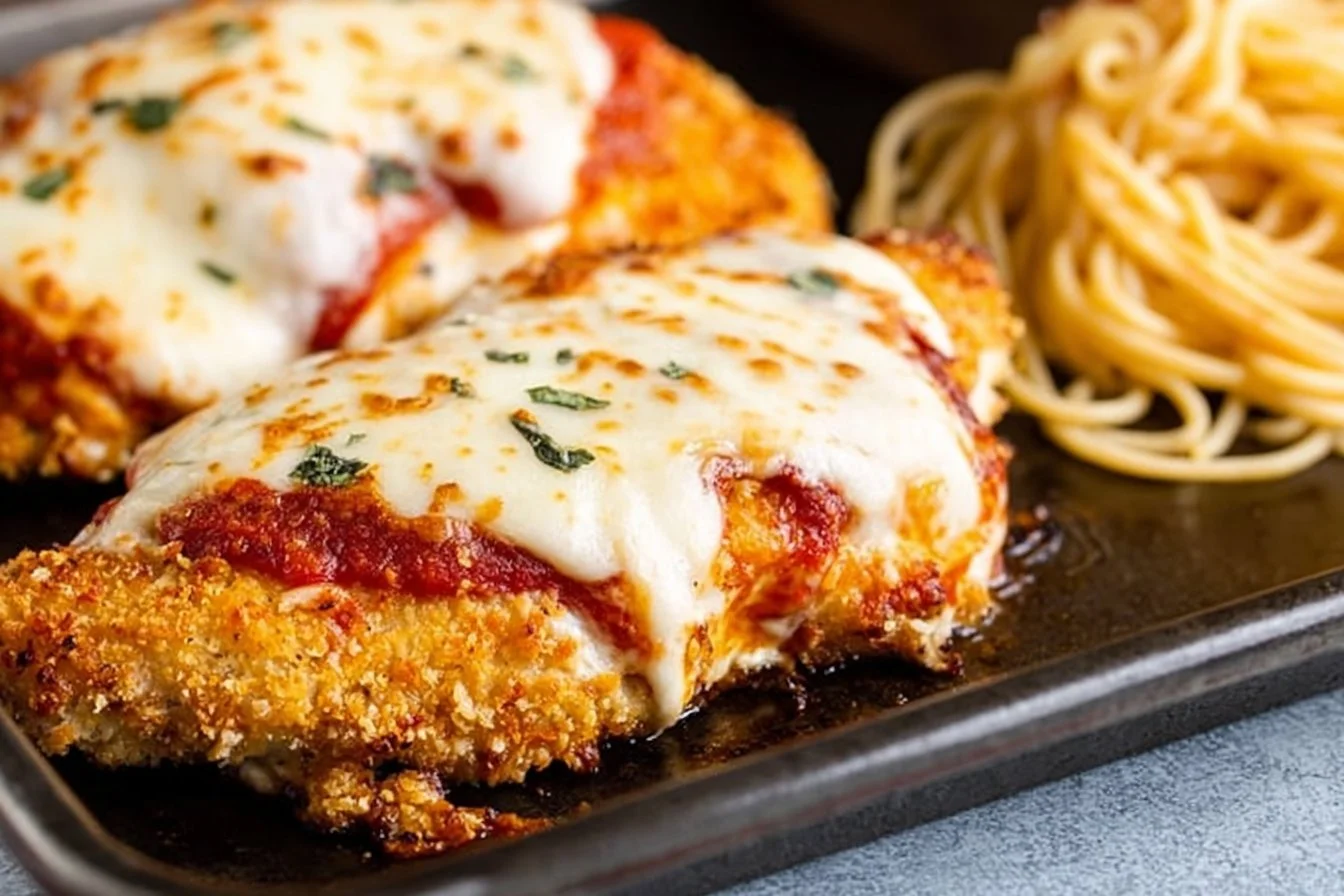 Healthy oven baked chicken parmesan recipe with golden crust and fresh herbs