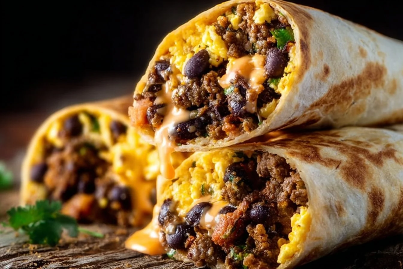 High Protein Breakfast Burrito 5 High protein breakfast burrito filled with eggs, beans, and vegetables
