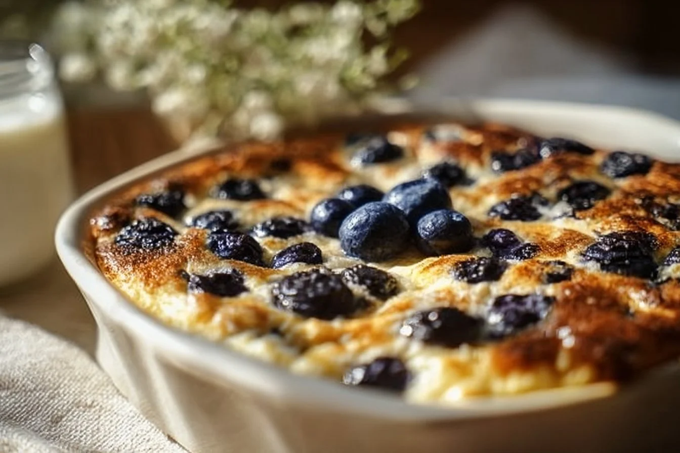 High-protein lemon blueberry breakfast bake served on a white plate.
