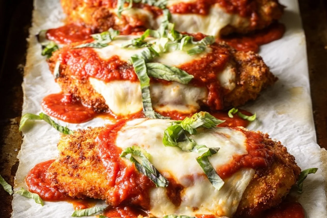 Delicious homemade chicken parmesan with melted cheese and crispy breading