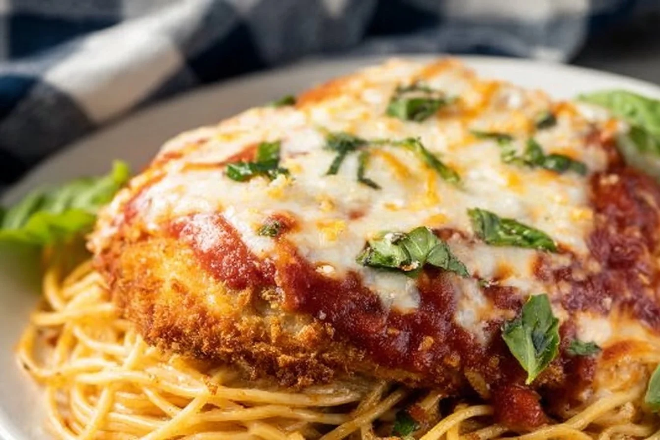 Plate of Homemade Chicken Parmesan with marinara and cheese