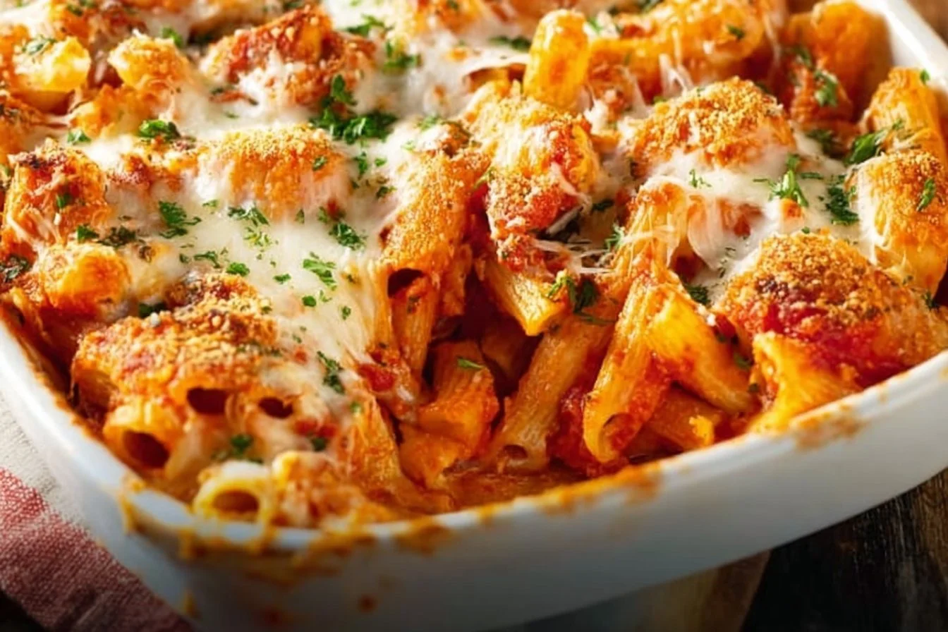 Homemade chicken parmesan casserole topped with melted cheese and marinara sauce