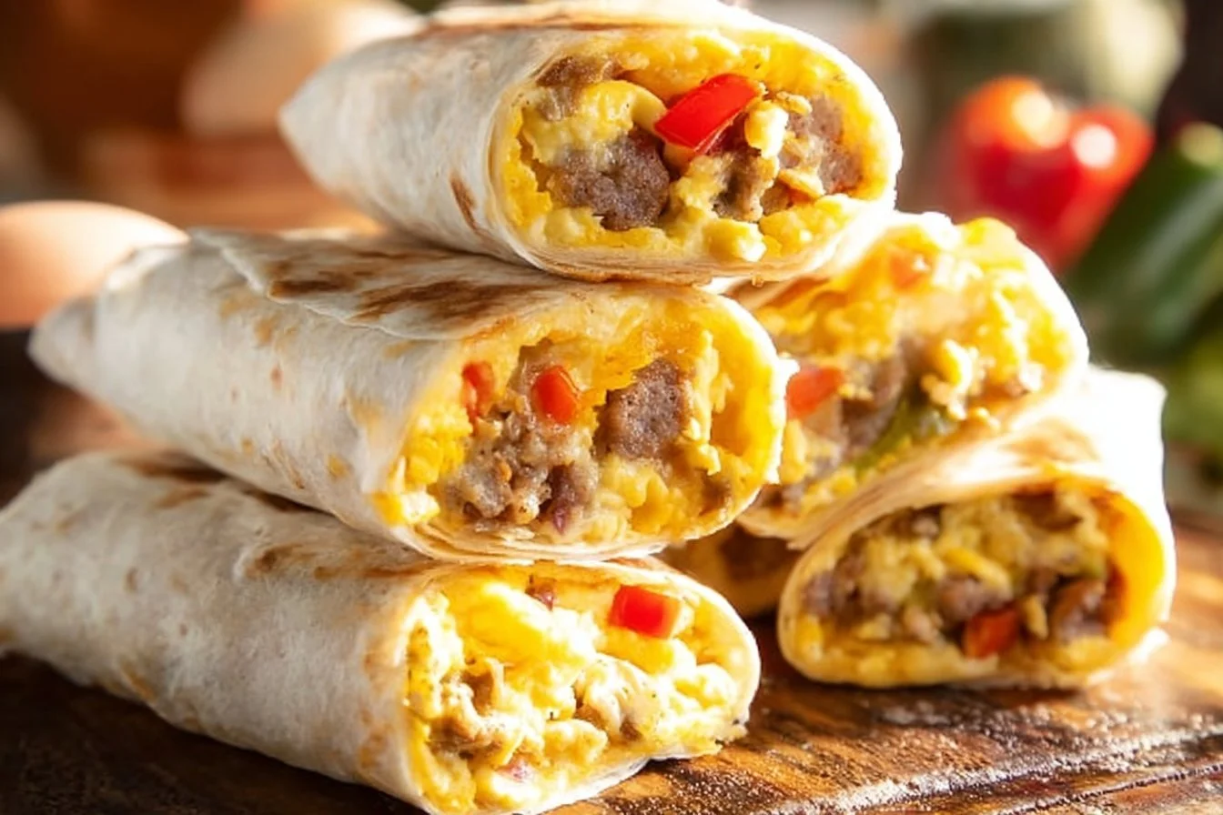 Homemade freezable breakfast burritos ready for meal prep.