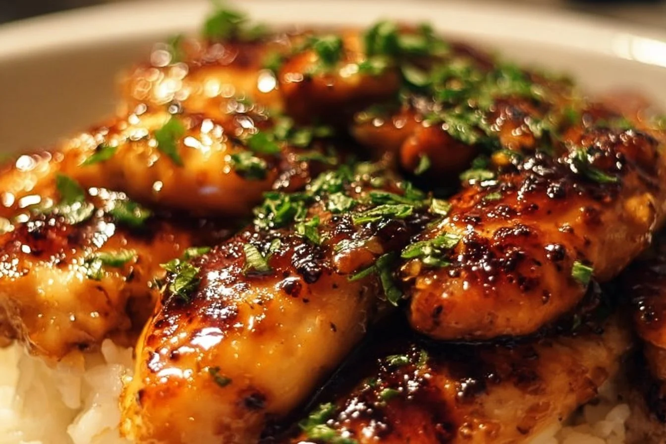 Honey Garlic Chicken Breasts drizzled with sweet garlic sauce.