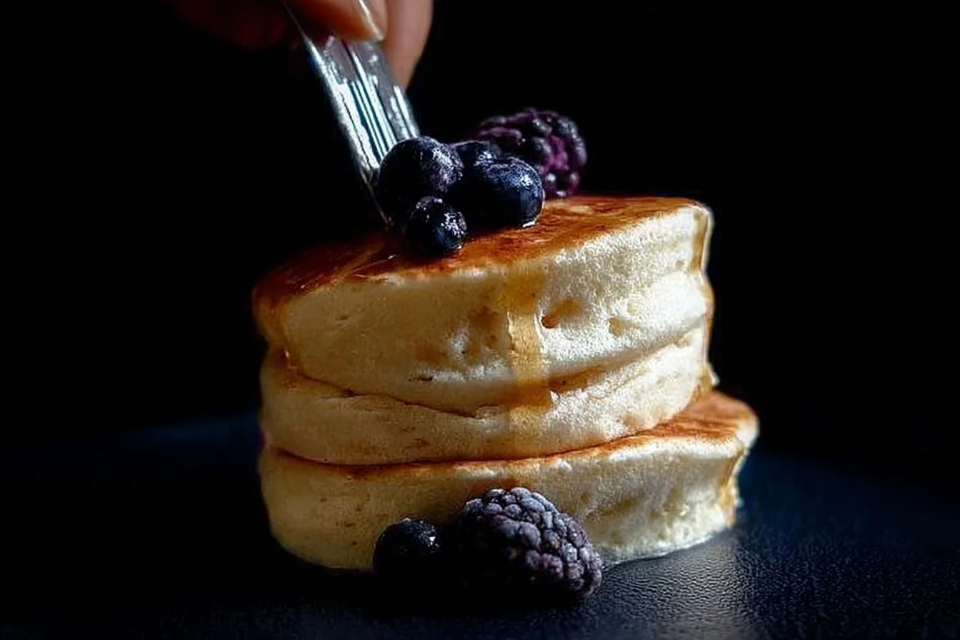 Fluffy Japanese souffle pancakes served with syrup and fruits