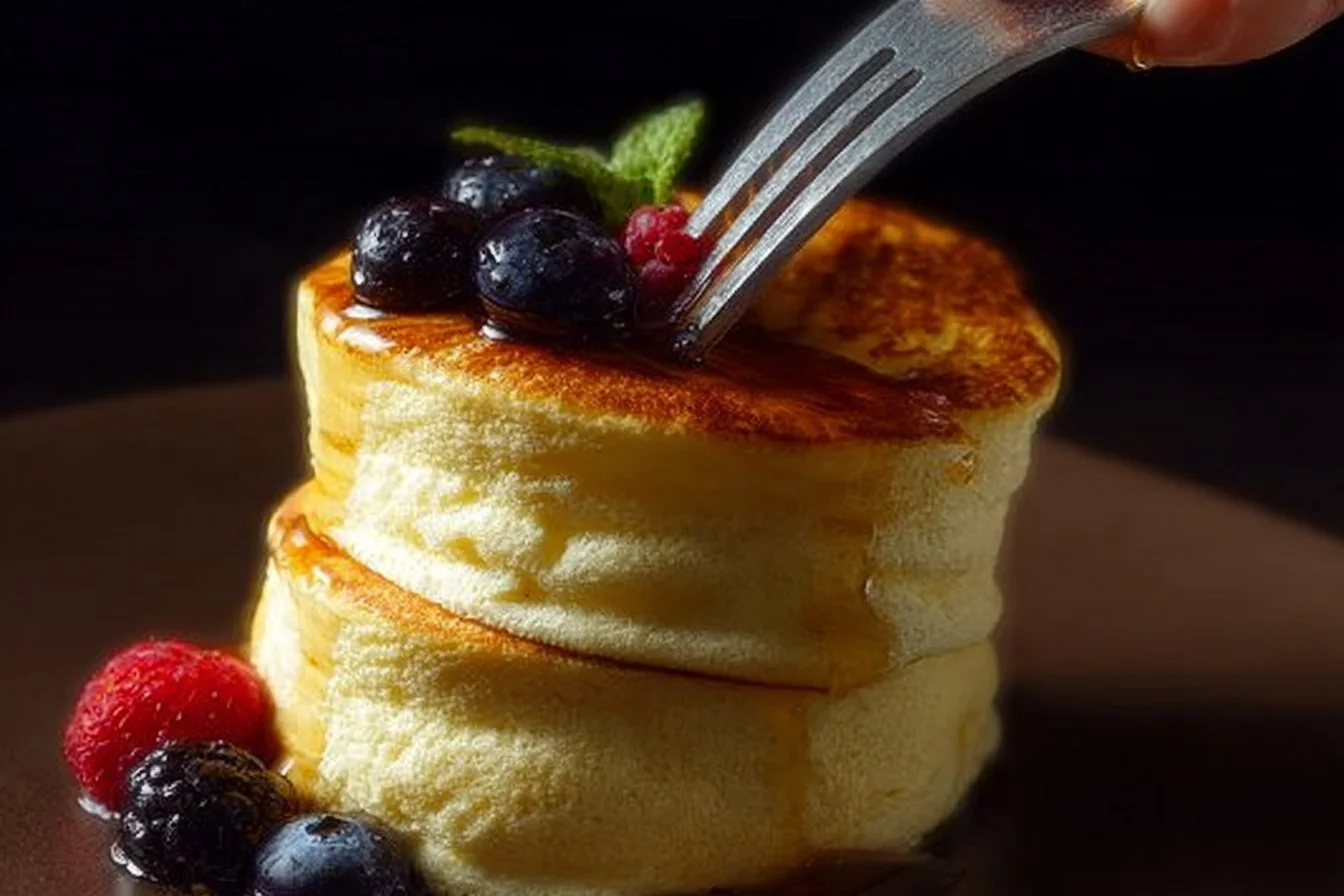 Fluffy Japanese souffle pancakes stacked with syrup and berries