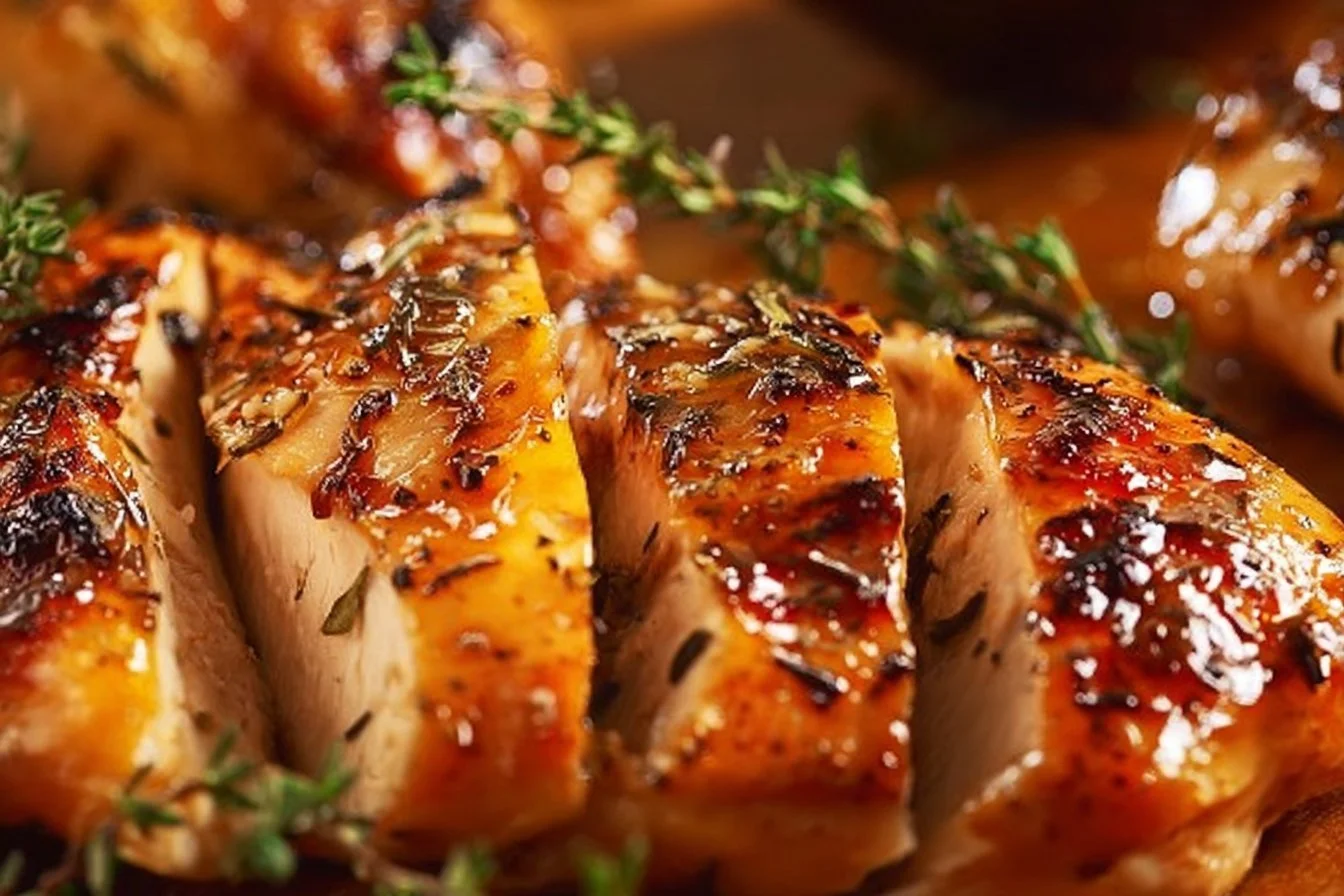 Juicy baked chicken breast on a plate garnished with herbs