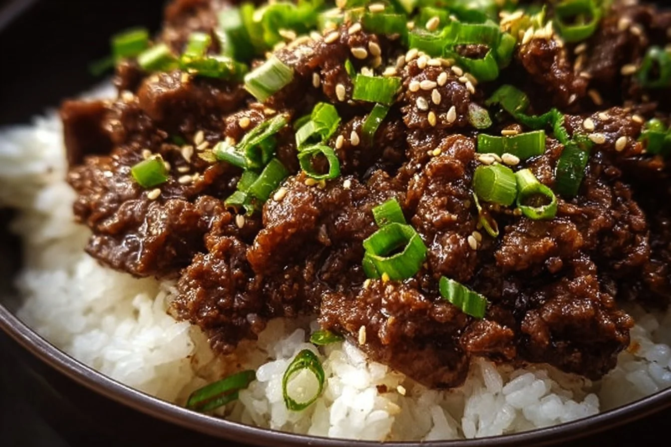 Korean Ground Beef Bowl with vegetables and sauce served in a bowl