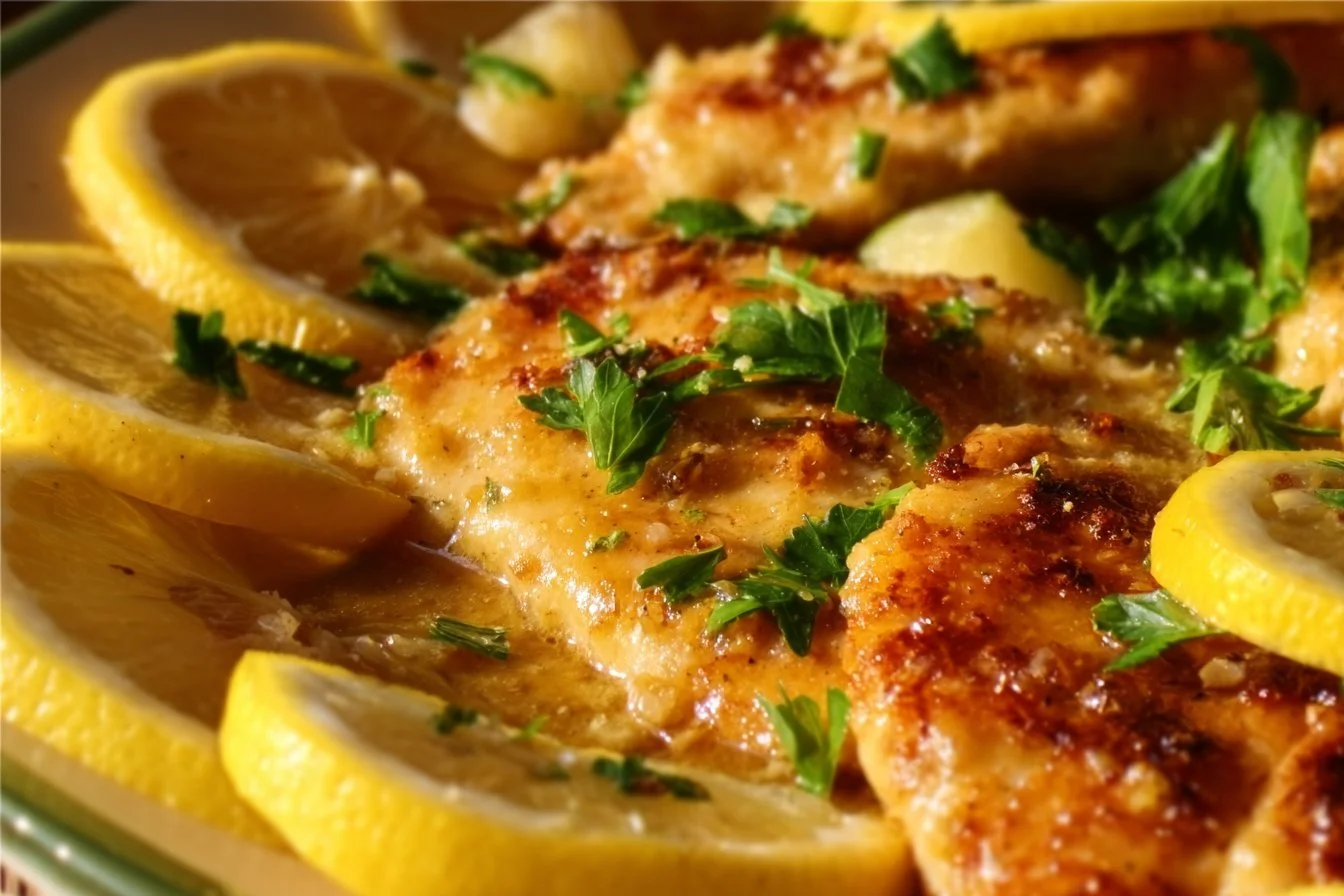 Lemon chicken dish topped with lemon butter sauce, garnished with herbs