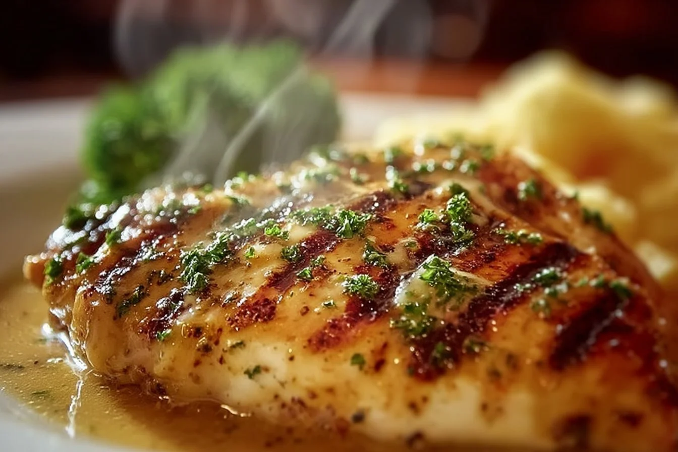 Longhorn Steakhouse Parmesan Chicken served with a flavorful sauce