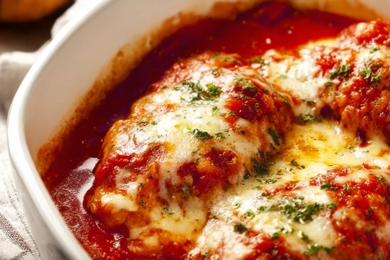 Delicious low-carb Chicken Parmesan served with fresh herbs and cheese