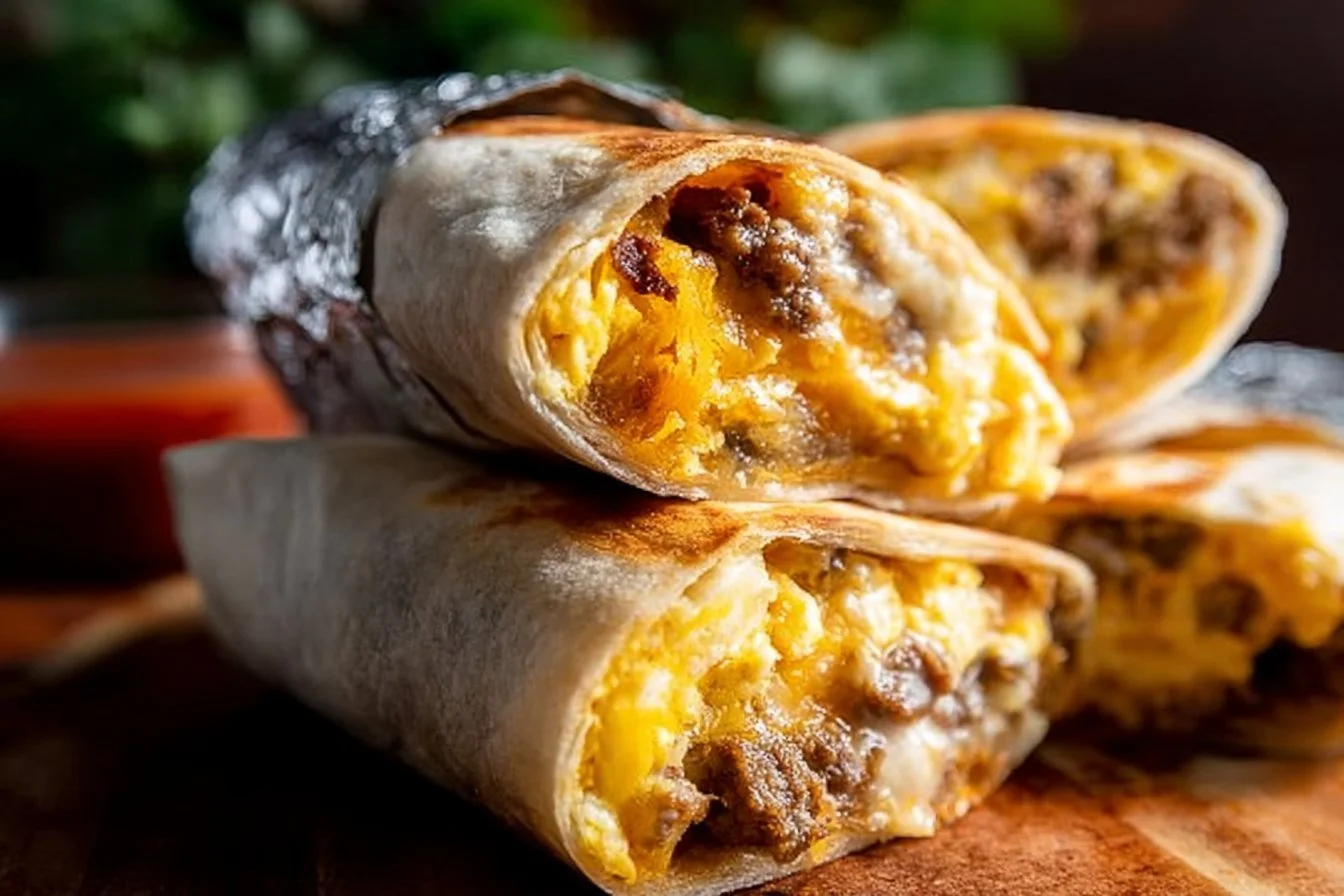 Make-ahead freezer breakfast burritos ready for a quick meal.