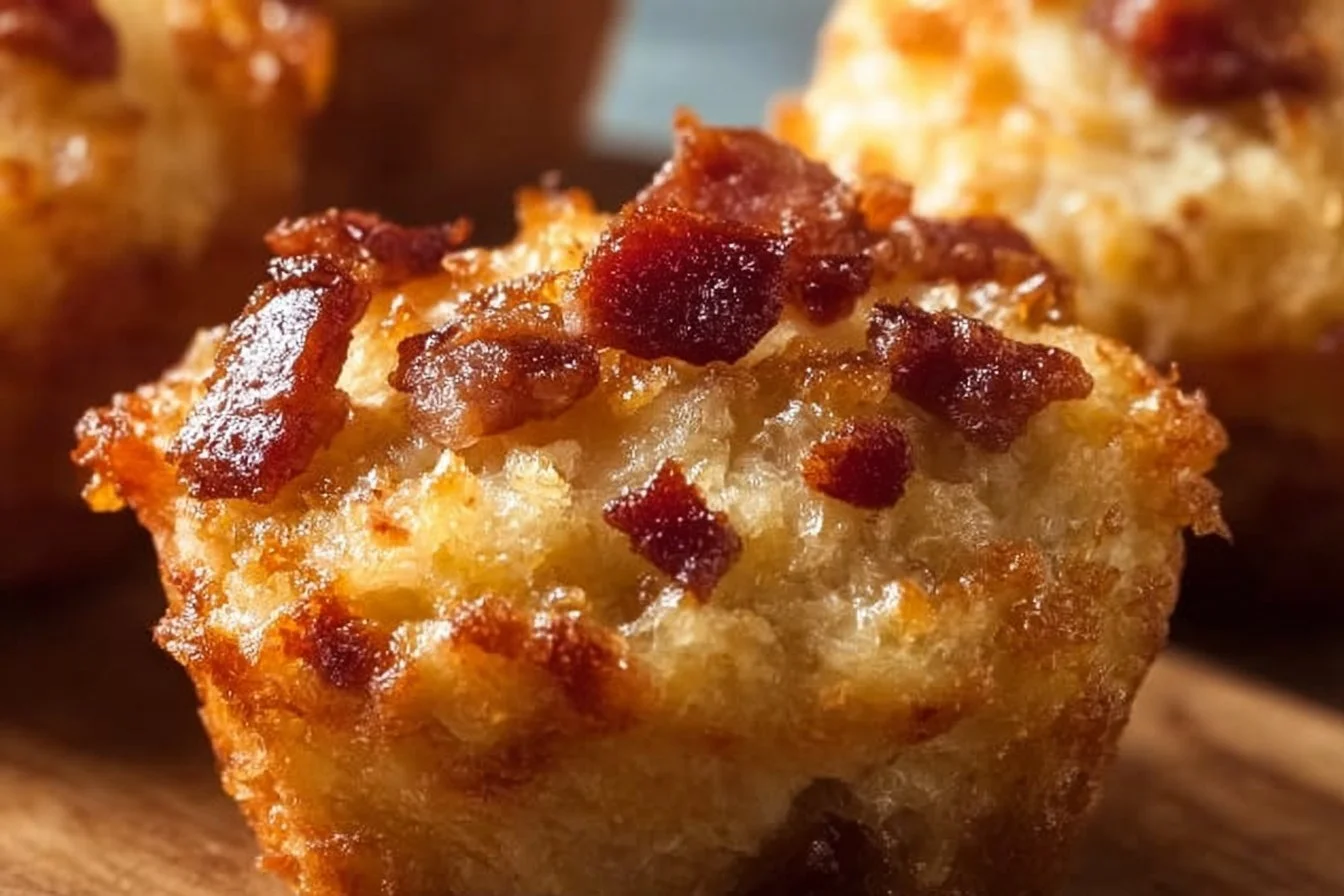 Delicious Maple Bacon Pancake Muffins topped with crispy bacon and syrup