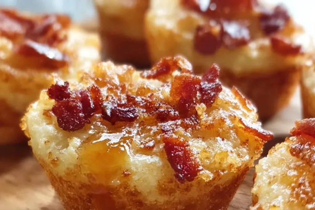 Delicious Maple Bacon Pancake Muffins topped with crispy bacon and maple syrup.