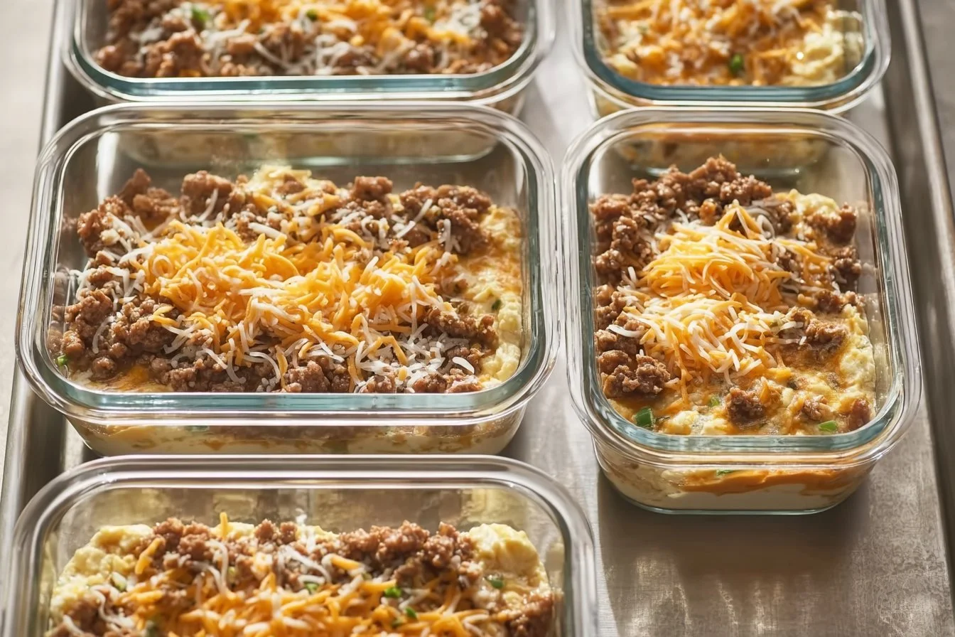 Colorful and nutritious meal prep breakfast bowls with assorted ingredients