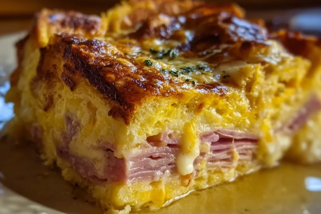 Delicious Monte Cristo breakfast casserole served with syrup and fruits