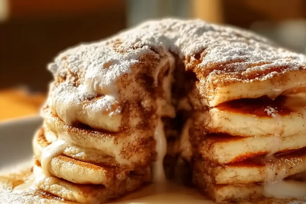 Delicious cinnamon roll pancakes served with icing and syrup