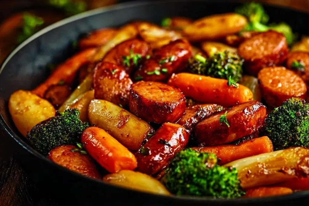 One-Pan Honey Garlic Kielbasa with colorful veggies