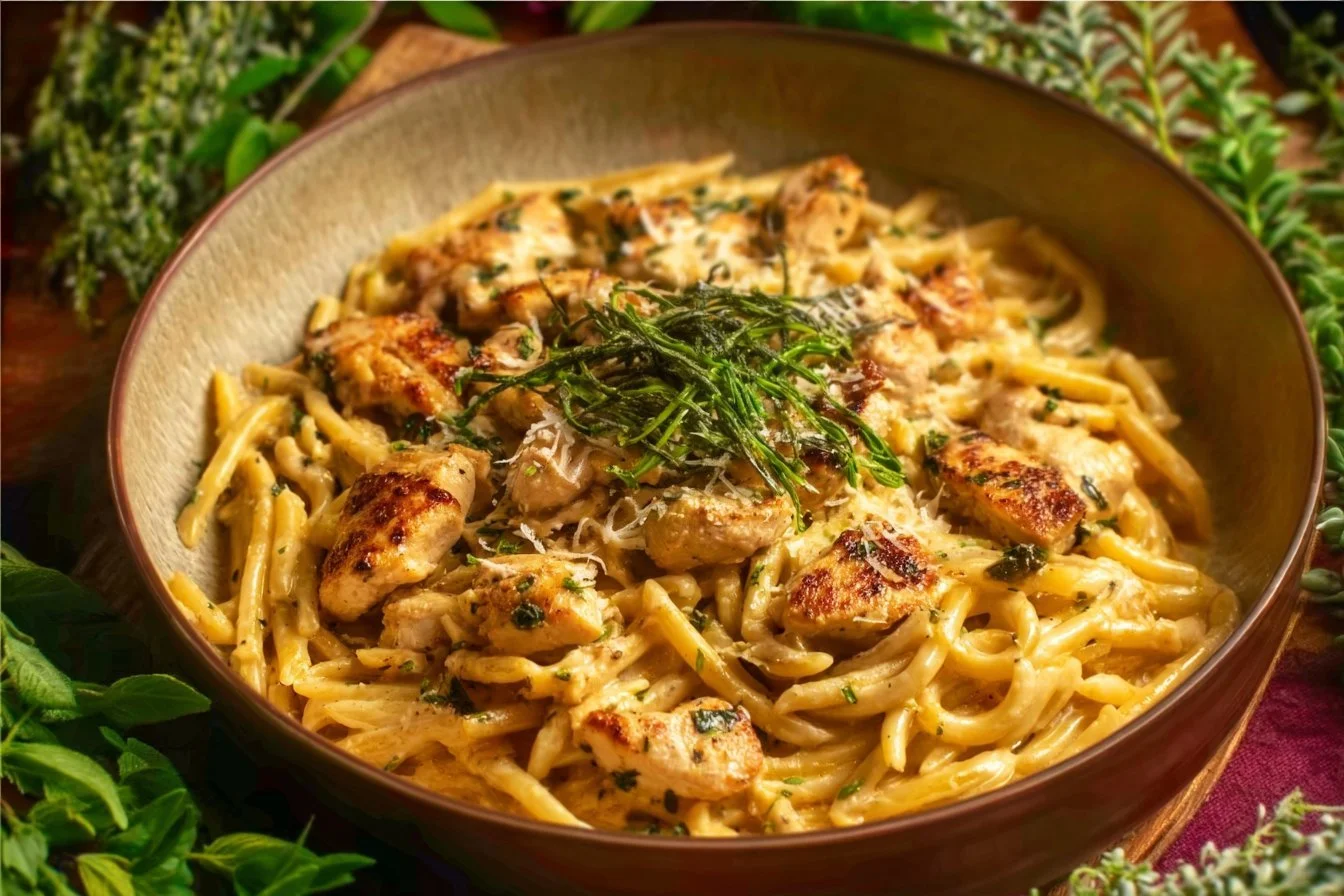 One Pot Creamy Parmesan Chicken Pasta in a bowl, showcasing creamy sauce and chicken