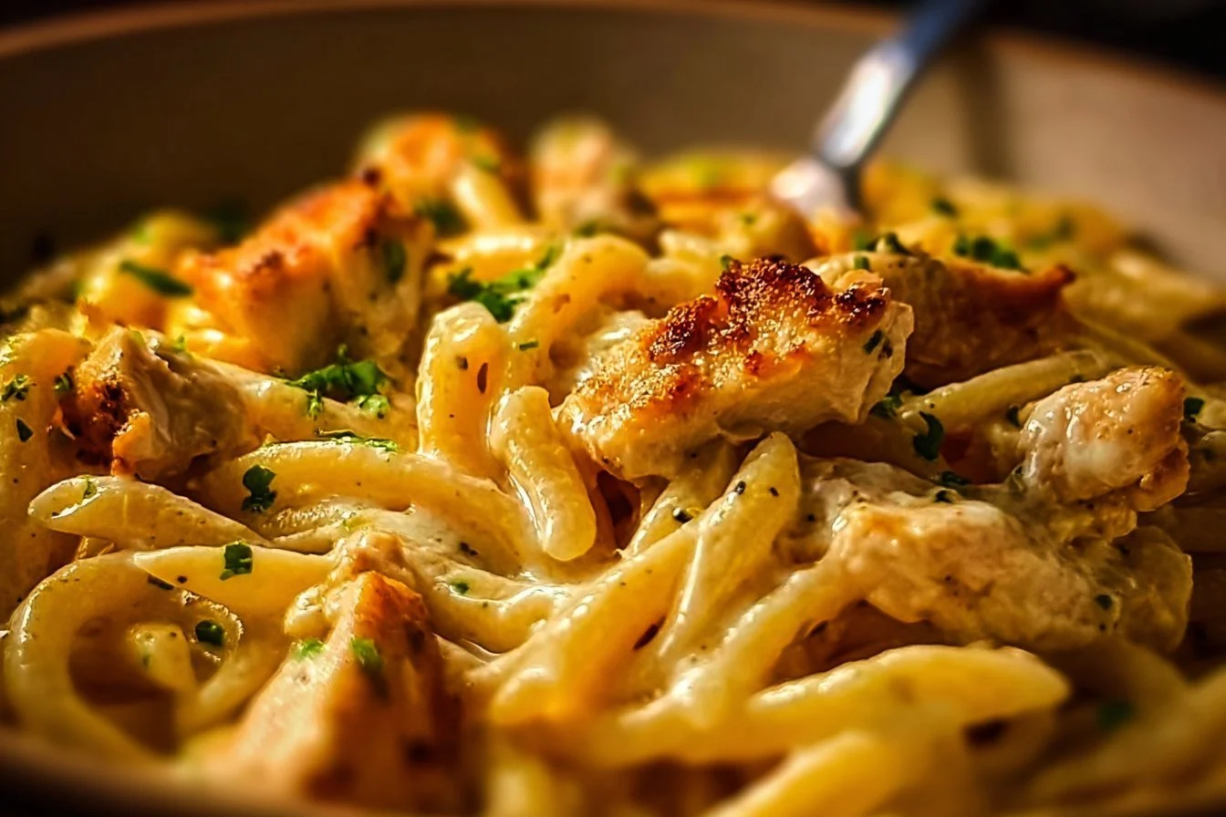One Pot Garlic Parmesan Chicken Pasta dish with chicken, pasta, and garlic sauce.