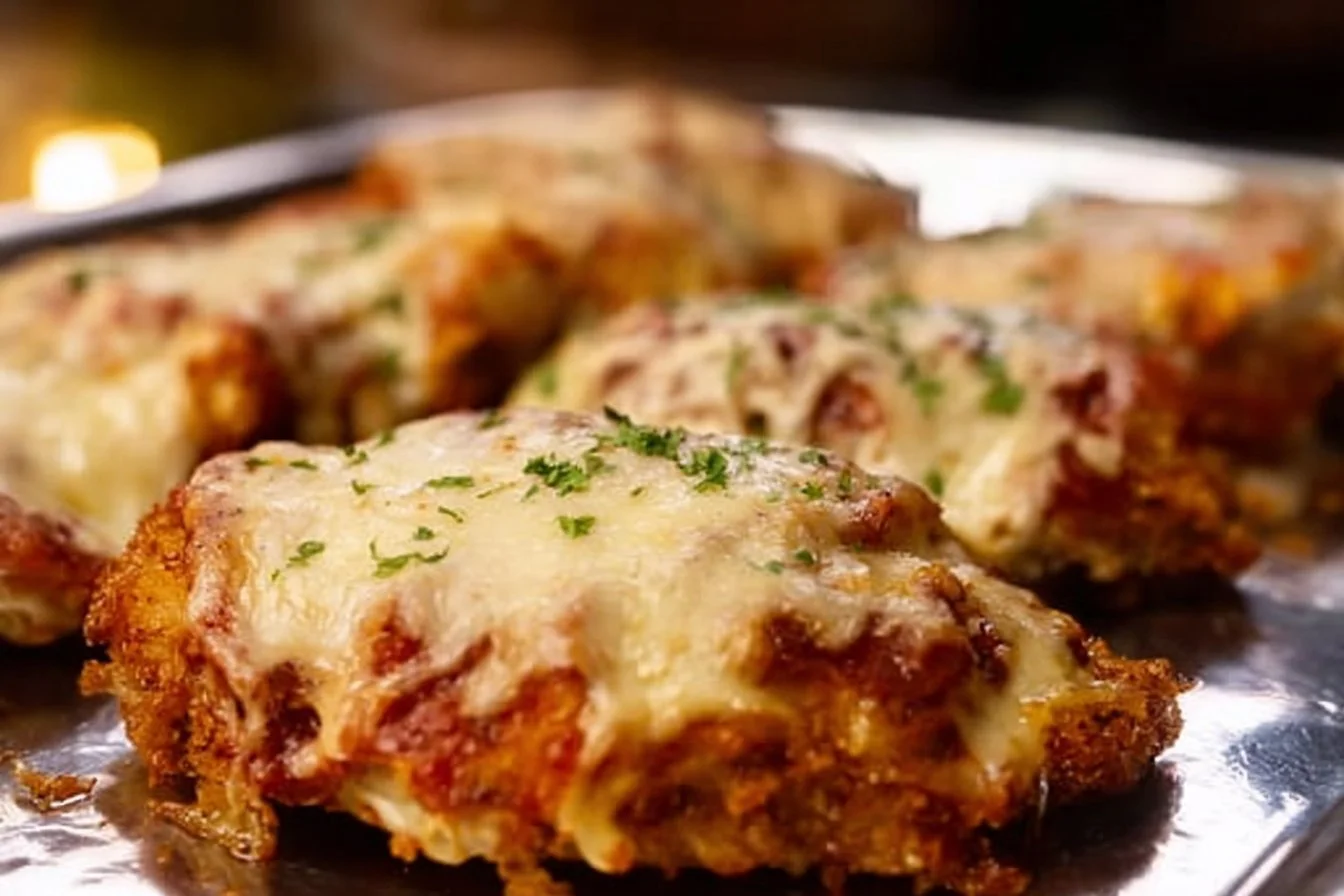 Oven Baked Chicken Parmesan 4 Oven Baked Chicken Parmesan topped with marinara sauce and melted cheese