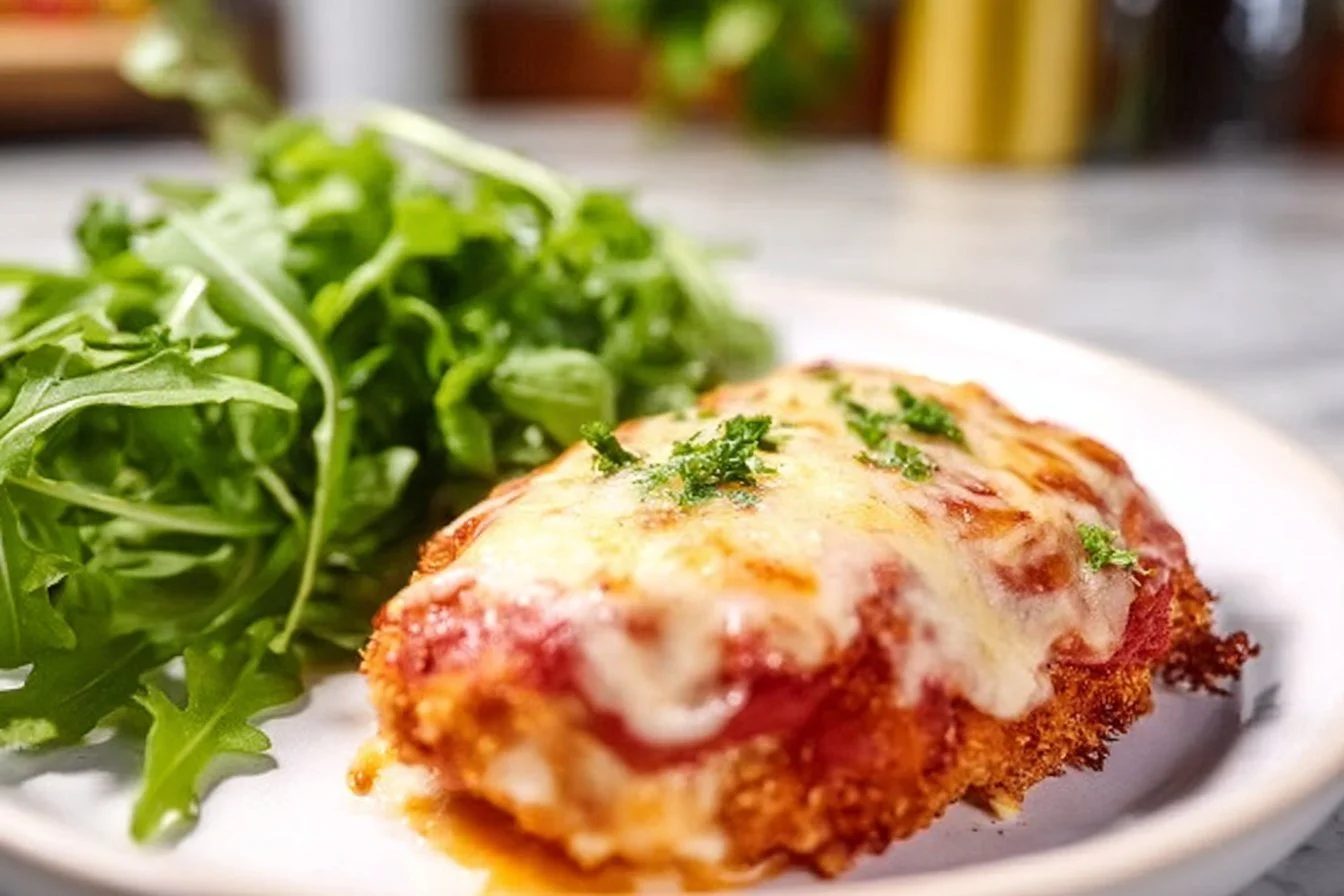 Oven Baked Chicken Parmesan 5 Delicious oven baked chicken parmesan served with marinara sauce and cheese