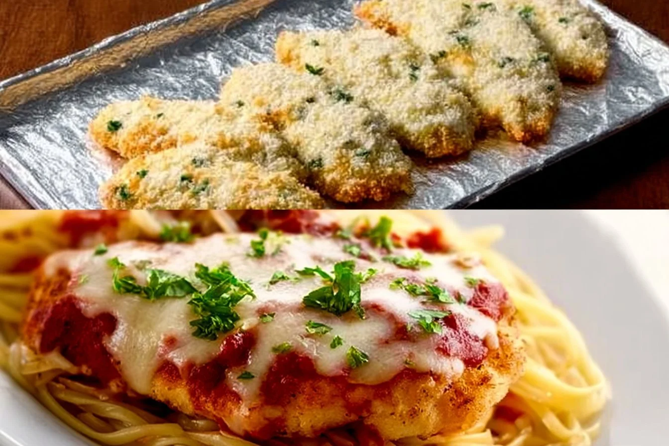 Oven baked chicken parmesan topped with melted cheese and marinara sauce