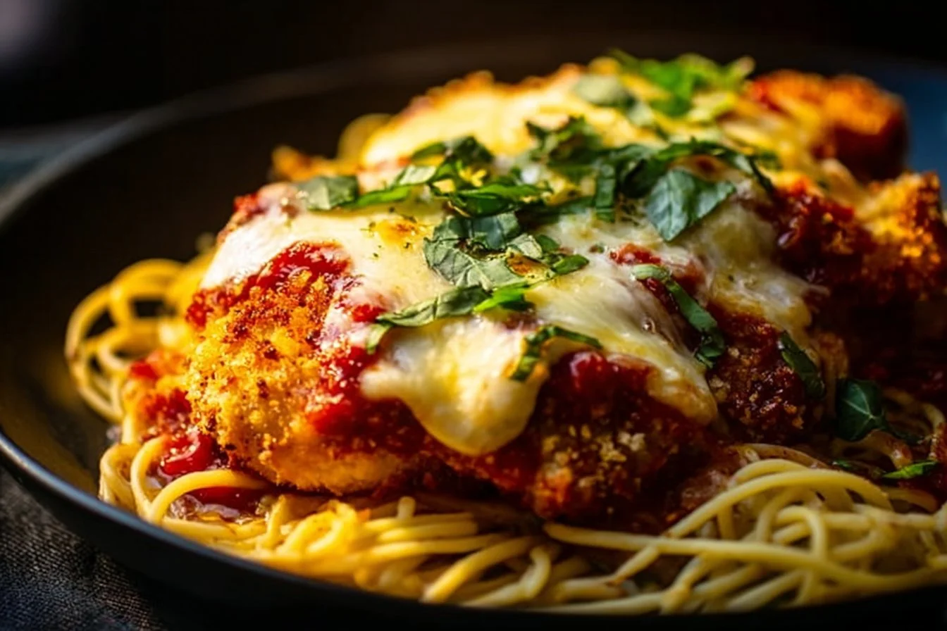 Oven-Baked Chicken Parmesan 5 Oven-baked chicken parmesan served with marinara sauce and melted cheese