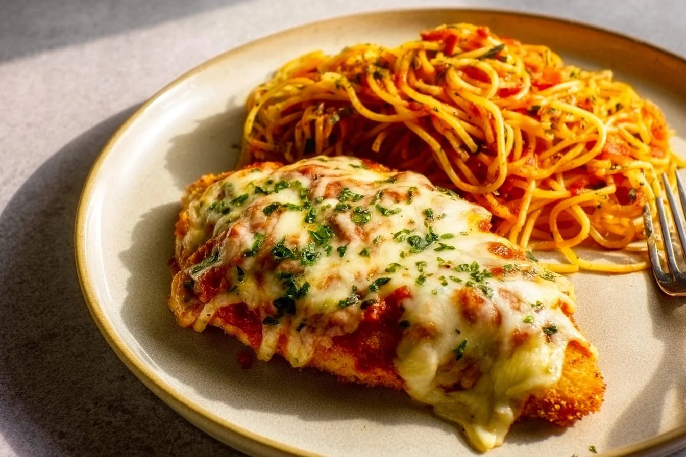 Oven Baked Chicken Parmesan 4 Delicious oven baked chicken Parmesan with a crispy topping and rich tomato sauce.