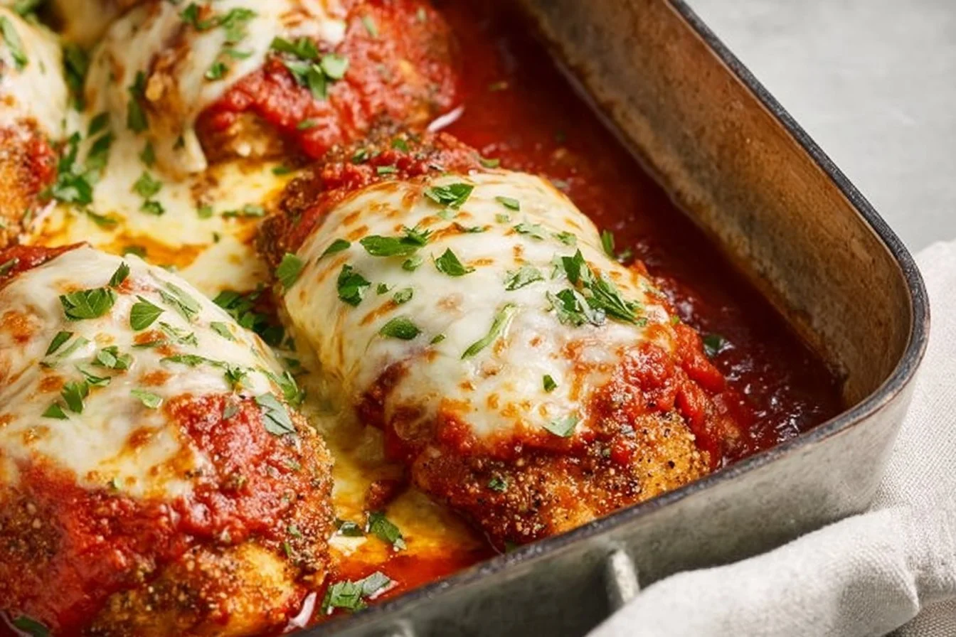 Crispy Oven Baked Chicken Parmesan topped with cheese and marinara sauce