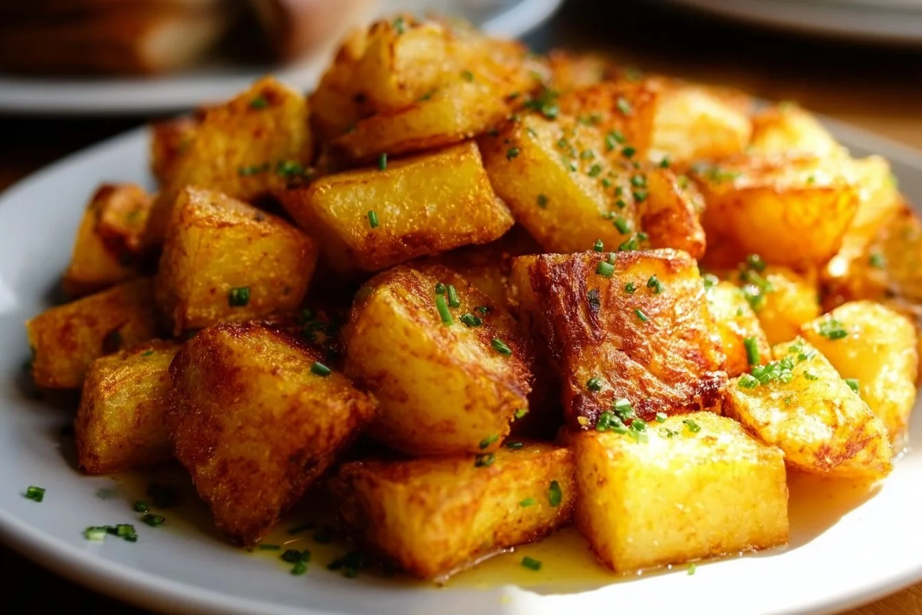 Tray of golden oven-roasted breakfast potatoes with herbs and spices