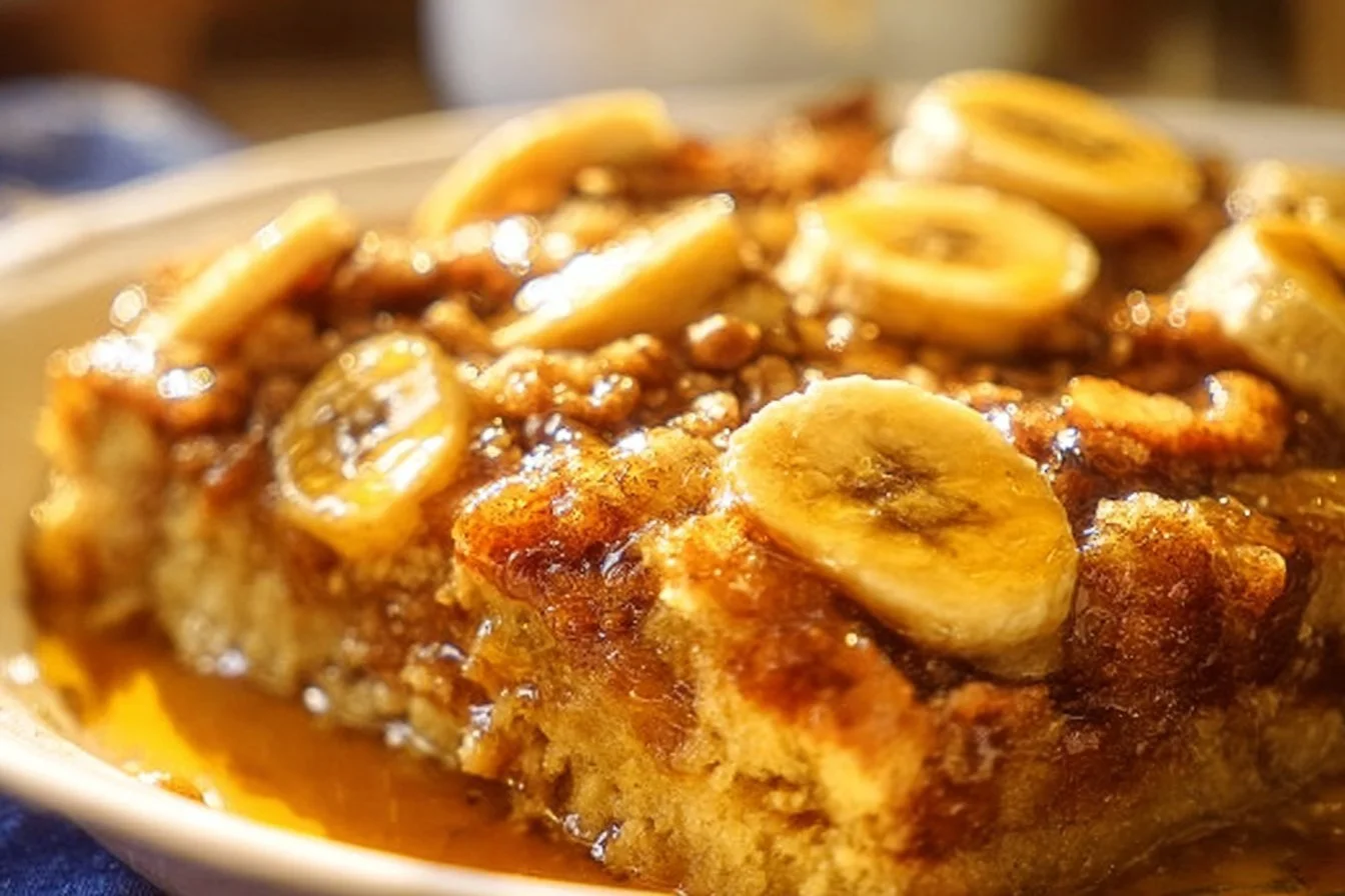 Overnight Baked Banana French Toast Casserole 4 Overnight Baked Banana French Toast Casserole with sliced bananas and syrup