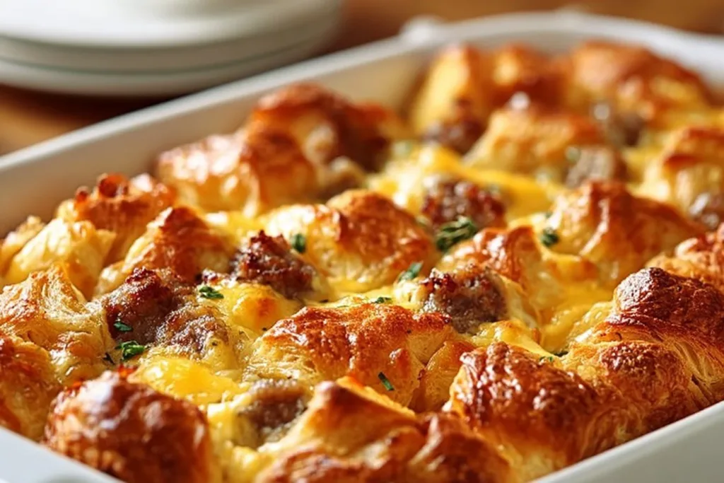 Delicious overnight croissant breakfast casserole served in a dish