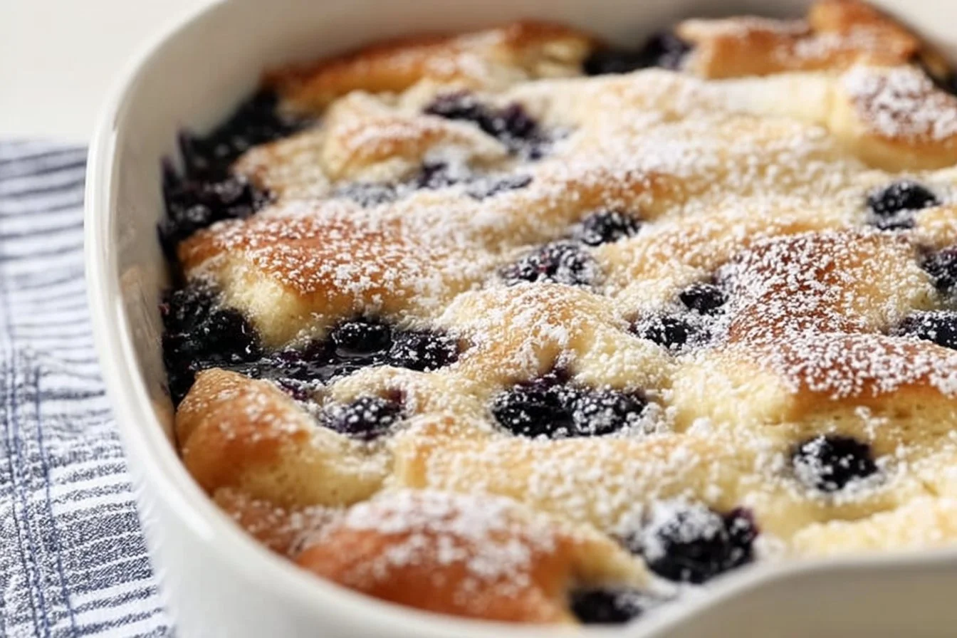 Delicious Pancake Casserole served with syrup and fresh berries.